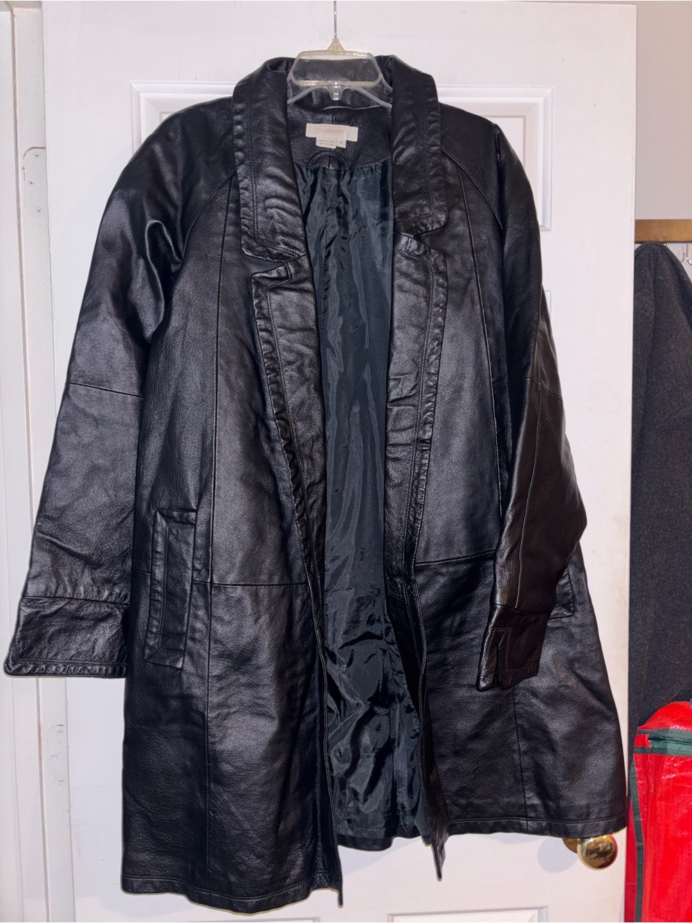 Women's Vintage Black Leather Longline Jacket - Classic Tailored Style
